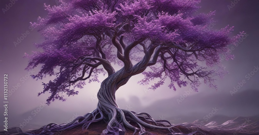 Fototapeta premium A majestic abstract tree featuring a medley of long, flowing ribbons in shades of purple and silver, natural beauty, luxurious textures