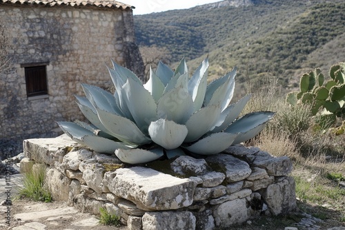 Large agave plant on a stone structure in nature. photo