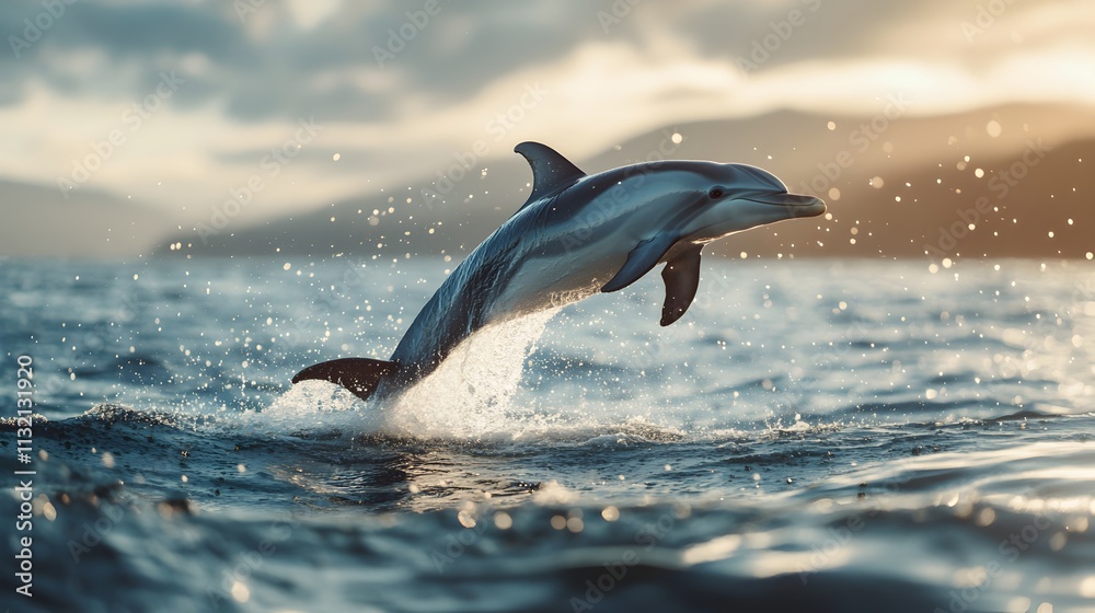 Fototapeta premium Majestic Dolphin Jumping through Crashing Waves at Sunset