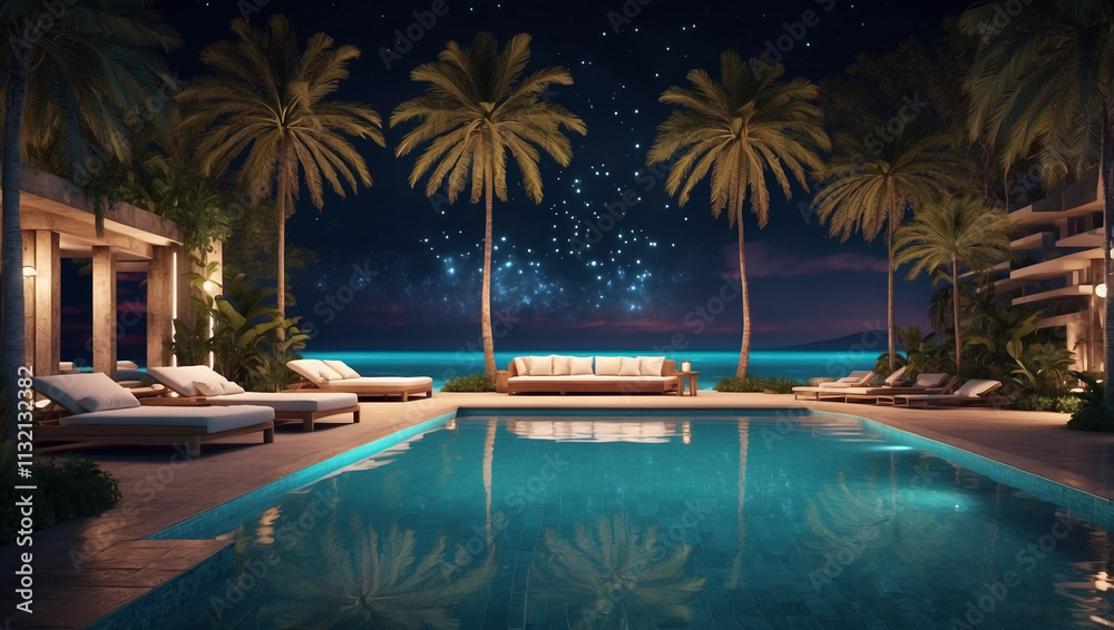 Fototapeta premium Luxurious Tropical Resort Pool at Night