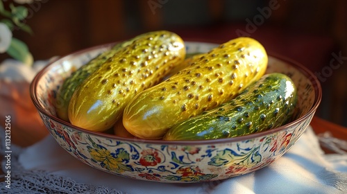 Closeup of Pickled Cucumbers in a Decorative Bowl photo