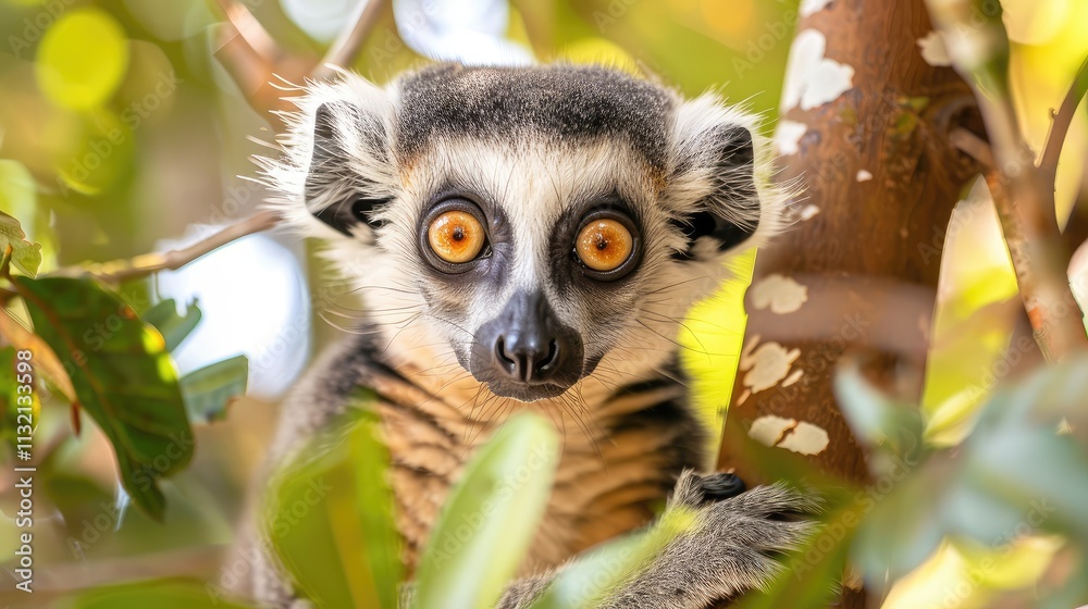 Fototapeta premium Curious Lemur Gazing Through Lush Green Foliage in Its Natural Habitat