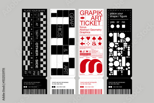 Modern exhibition ticket template layout abstract geometric shape dot heart star clover arrow line square pattern poster minimal black white red shapes random pattern checkerboard receipt banner