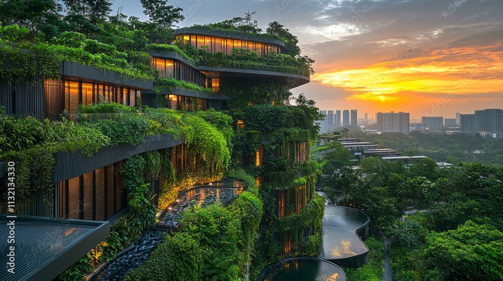 Fototapeta premium As the sun sets behind a cityscape, a stunning urban park showcases terraced buildings adorned with vibrant vertical gardens, blending nature and architecture harmoniously
