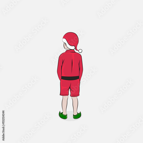 Child dressed in Christmas clothes, standing with his back turned.