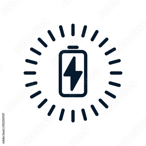 Battery with lightning sign and charging circle. Inductive docking station. Vector linear icon isolated on white background.