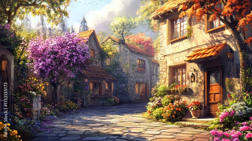 Obraz premium A picturesque village scene with charming houses, blooming flowers, and vibrant autumn foliage.