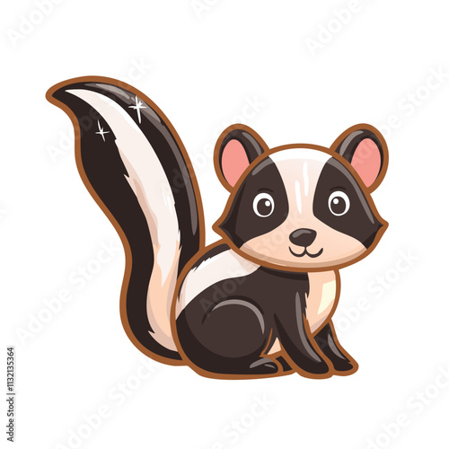A cute cartoon skunk with a playful expression and a fluffy tail.