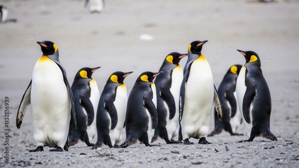 Obraz premium Adorable King Penguins: A Charming Group on a Rocky Beach, Perfect for Nature Lovers and Wildlife Enthusiasts