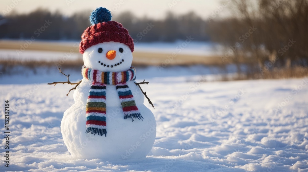 Obraz premium Playful snowman with a vibrant scarf and hat Playful snowman with a vibrant scarf and hat Playful snowman in a colorful hat and scarf