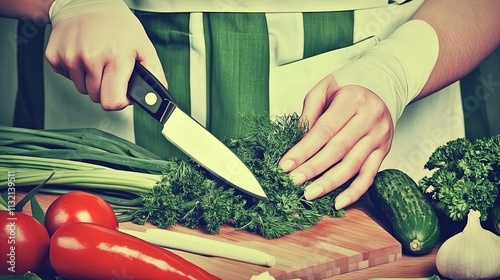 vibrant culinary art: a chef chopping fresh green herbs with a mezzaluna on bamboo - perfect for kitchen decor or as a sports-themed poster for food lovers! photo