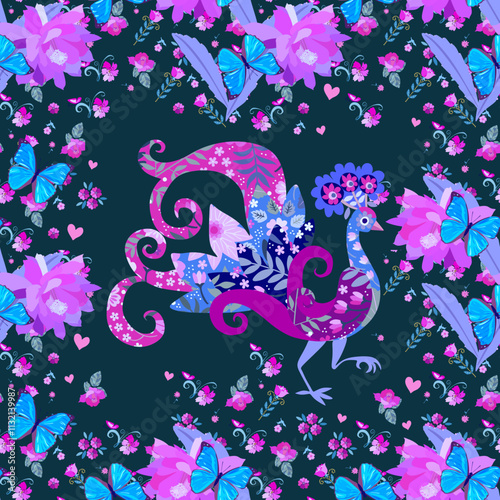 Beautiful fairytale bird and big butterflies in blooming garden. Seamless pat...