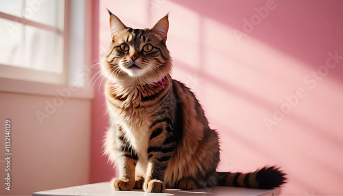 tabby maine cat in the pink house