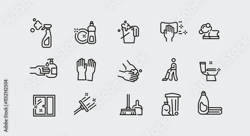 Cleaning and hygiene icons. 15 cleaning and hygiene trendy minimal icons. Gloves, Spray Bottle, Sponge, Mop icon. Design signs for web page, mobile app, packaging design. Vector illustration