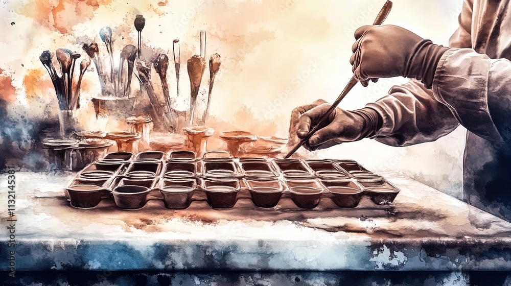 Fototapeta premium artisan chocolatier at work: perfecting chocolate tempering on granite for a sweet culinary poster ideal for kitchen or café décor