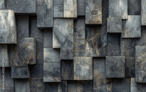 Unique textured wall composed of dark stone blocks arranged in a modern design