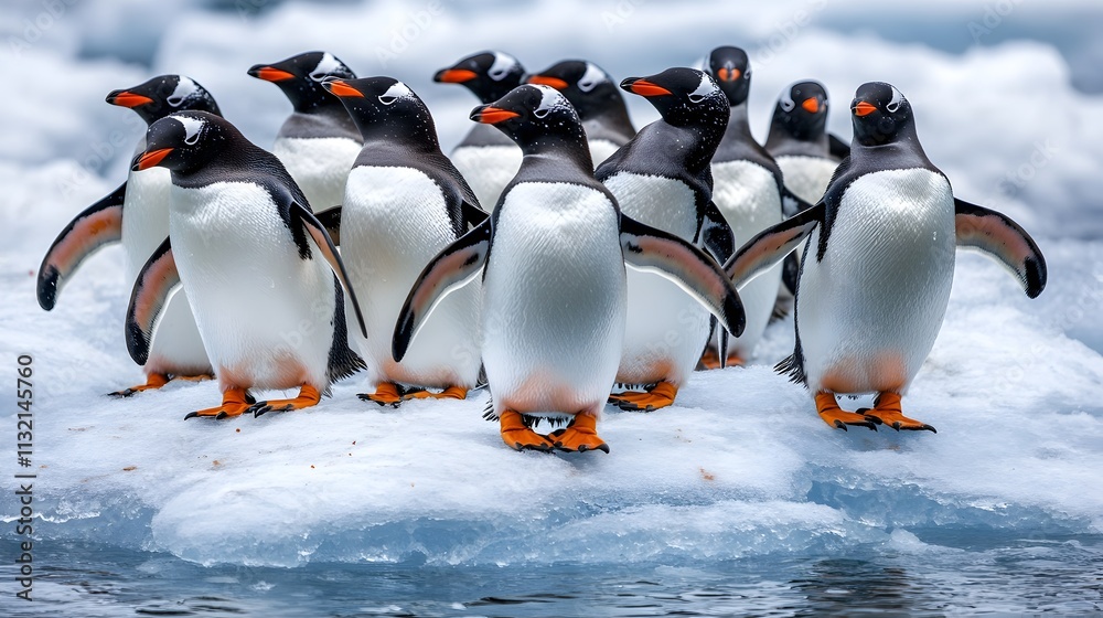 Fototapeta premium A Huddle of Penguins on an Icy Arctic Landscape