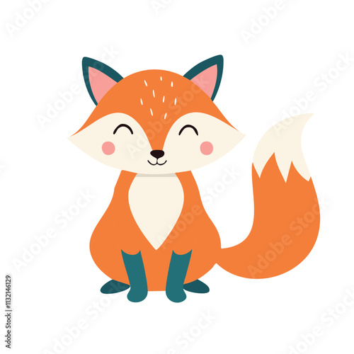 A cute, smiling cartoon fox with a bushy tail, designed for children's illustrations.