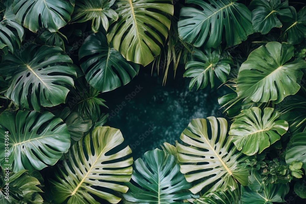 Fototapeta premium Lush green leaves framing a tranquil water surface.
