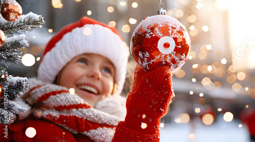 Daughter happy smiling winter concept. A joyful child in festive attire holds a Christmas ornament, surrounded by sparkling lights and a snowy atmosphere.