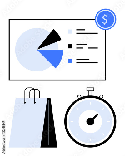 Chart shopping bag and stopwatch represent data analysis, time management, and consumer behavior. Ideal for business, finance, marketing, time management, consumer studies, productivity