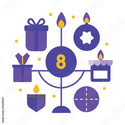 Eight nights of Hanukkah, with symbols for each night like candles, blessings, and gifts..