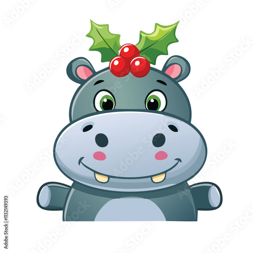 A cheerful cartoon hippo wearing holly, perfect for holiday-themed designs.