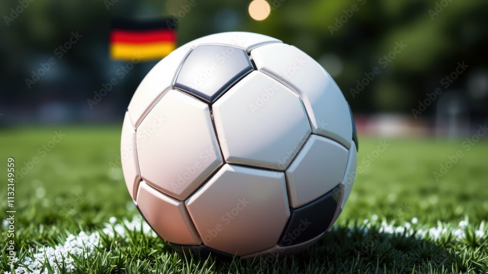 Fototapeta premium Soccer Ball on Green Field: Perfect for Sports, Germany, and Outdoor Activities