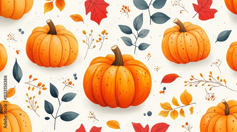 Naklejka premium Cozy Autumn Scene with Pumpkins and Fall Leaves, perfect for seasonal decorations, invitations, and greeting cards Generative AI