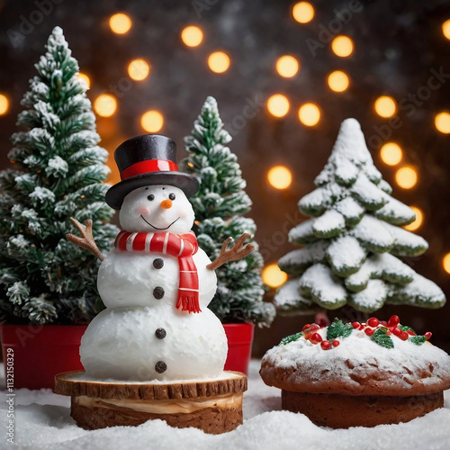 Christmas tree with bright warm lights, background, snowman shaped cake