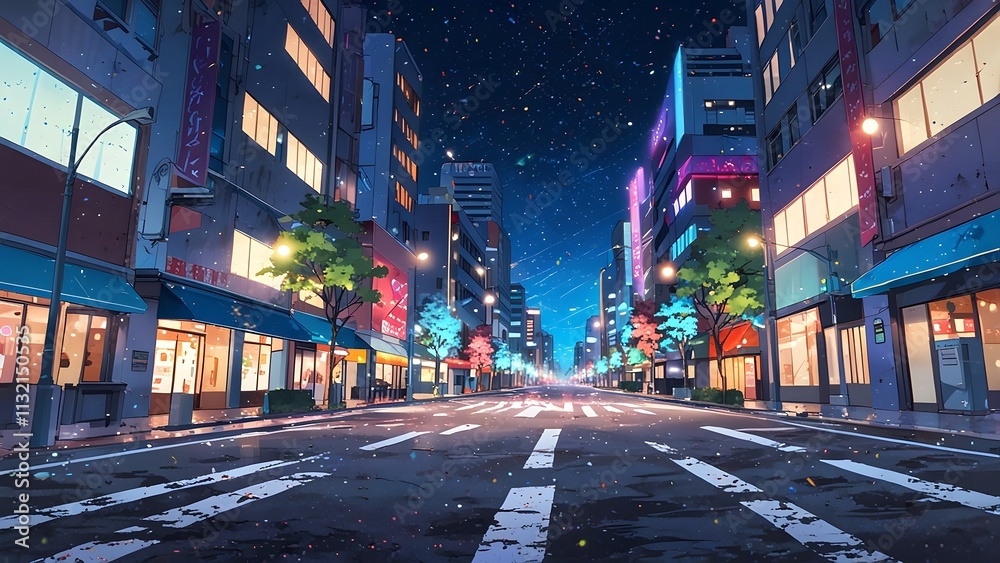 Fototapeta premium A city street covered in confetti and celebration lights, new year background theme