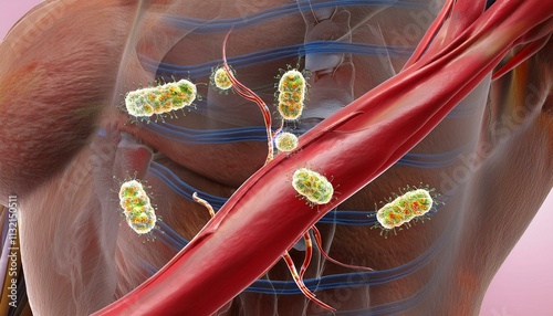 3D close-up of Clostridium tetani bacteria infecting muscle tissue, showing toxin effects on the host. photo