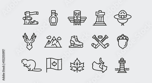Canada icons. Set of 15 Canada trendy minimal icons. Example: Maple leaf, Syrup bottle, Hockey sticks, Beaver, Totem pole. Design signs for web page, mobile app, packaging design. Vector illustration