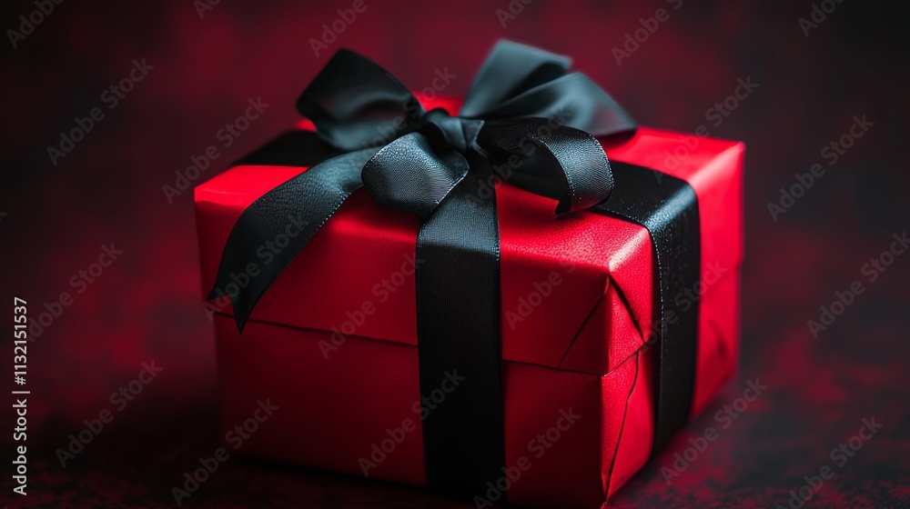 Obraz premium Dramatic Gift Box with Black Ribbon on Dark Background, Perfect for Luxury Product Presentation Generative AI