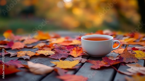 Cozy Autumn Tea Scene with Fall Leaves on a Wooden Table, perfect for seasonal promotions, hospitality, and food advertising Generative AI photo