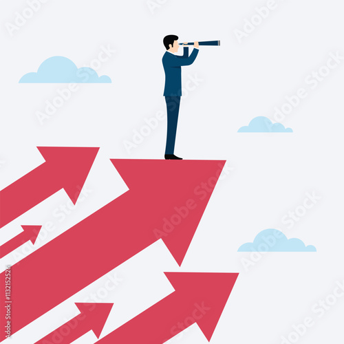 Businessman holding a telescope standing on red arrow looking up go toward career success