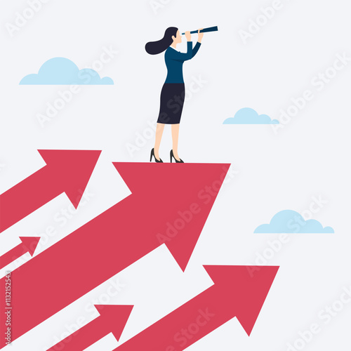 Businesswoman holding a telescope standing on red arrow looking up go toward career success
