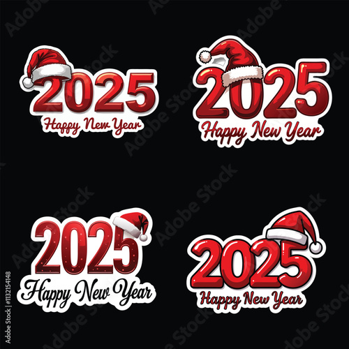 Vibrant 2025 new year-themed stickers adorned with Santa Claus hats, festive colors, and playful text designs, perfect for celebrating the upcoming year with joy, spirit, and holiday cheer.