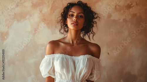 Woman in a Chic Off-Shoulder White Dress Standing Against a Subtle Backdrop. Aesthetic Minimalist Boho Fashion Look