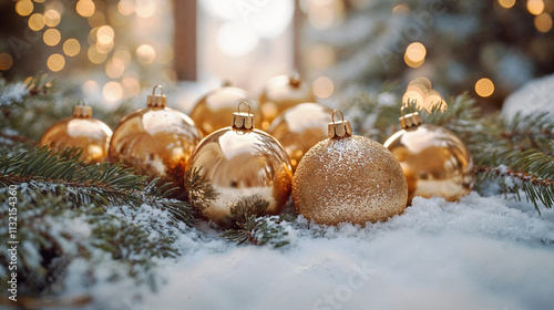 Golden Christmas ornaments nestled in snow with evergreen branches, closeup festive holiday winter decor, Xmas background header or website banner photo