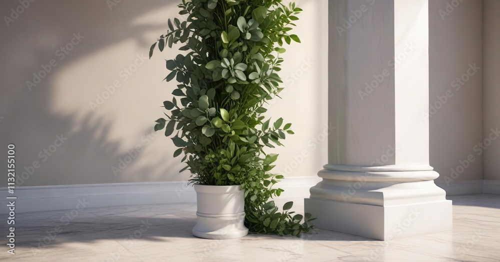 Fototapeta premium Freshly cut greenery and eucalyptus leaves placed around a pillar, candlelight, somber, peaceful