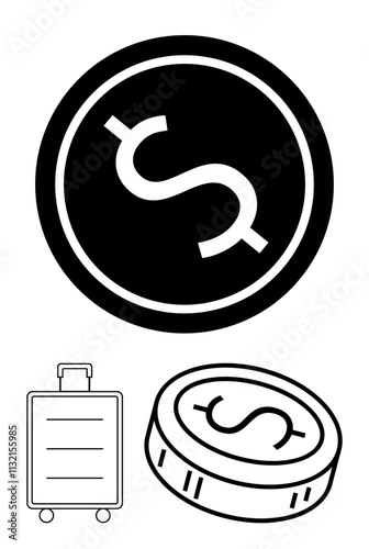 Dollar coin symbol in circular design, suitcase with handle and side lines, and tilted coin. Ideal for financial education, banking materials, travel savings, business guides, investment brochures
