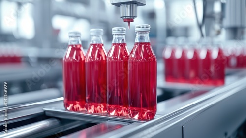 A production line showing red beverage bottles being filled in a modern manufacturing facility. photo