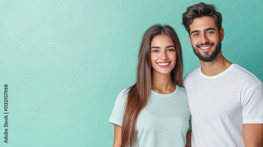 Fototapeta premium a beautiful young indian woman and a man standing confidently against a color background