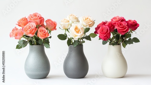 Wallpaper Mural Three vases with beautiful cutted roses photographed on white background Torontodigital.ca