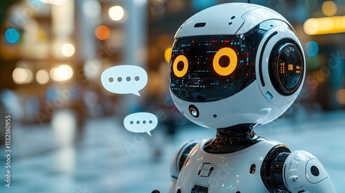 White Modern Robot Chatting Chat Bubbles Symbolizing AI Powered Digital Assistance Improving Customer Experience Interaction Through Conversational AI Real Time Data Responses photo