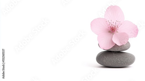 Serene Pink Flower on Stacked Grey Stones Spa Wellness Zen