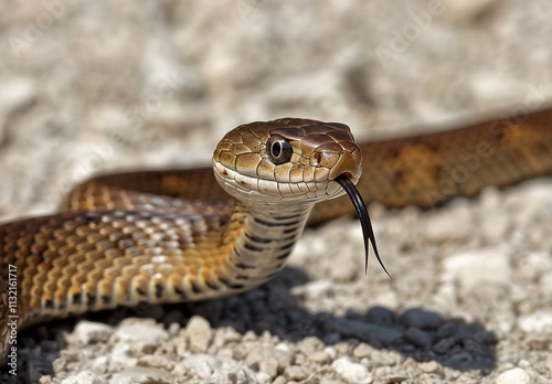 Estern Brown Snake on Gravel – Close-Up with Tongue Flicking photo