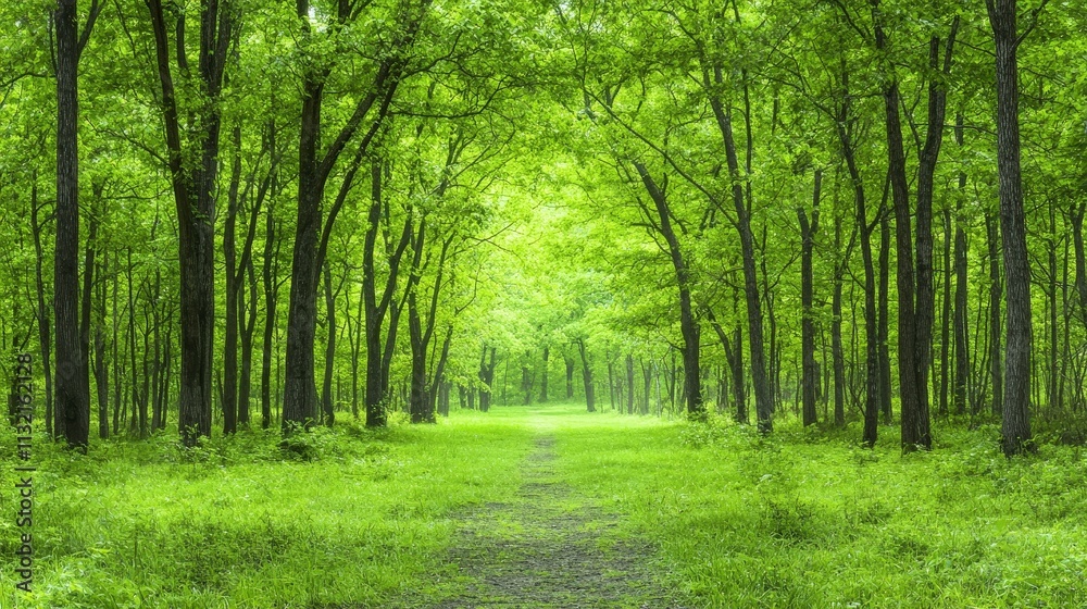 Fototapeta premium Serene Green Forest Path Nature Trail Woodland Scenery Lush Greenery