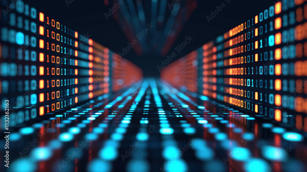 Obraz premium Futuristic Data Stream with Blue and Orange Binary Code in a Digital Environment